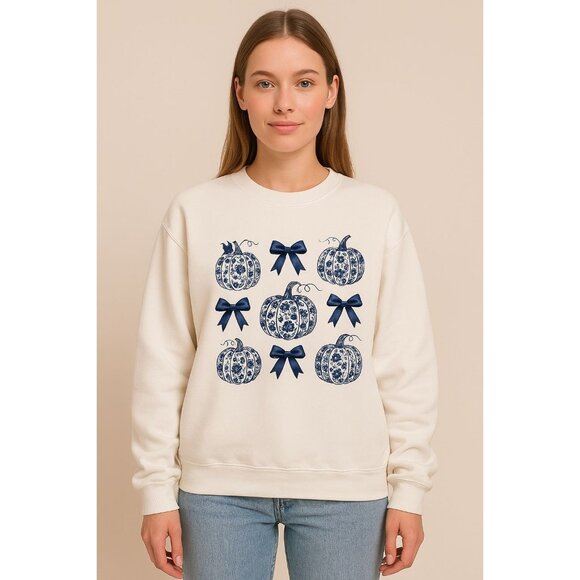 Gildan Halloween Sweatshirt, Fall Autumn Shirt, Blue Girly Bows Halloween Shirt - Picture 2 of 6